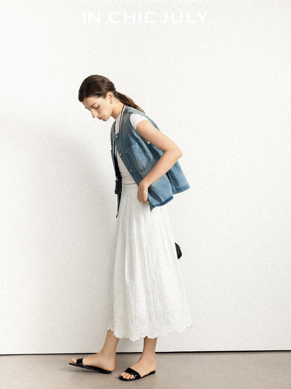 chicjuly Vtg Washed Blue Sculptural Silhouette Round Neck Women's Cotton Denim Vests