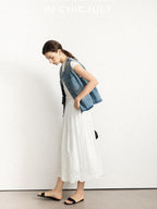 chicjuly Vtg Washed Blue Sculptural Silhouette Round Neck Women's Cotton Denim Vests