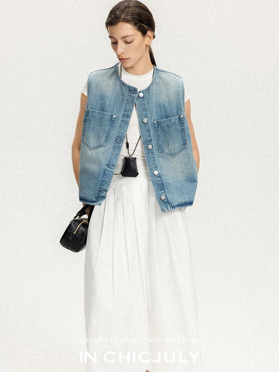 chicjuly Vtg Washed Blue Sculptural Silhouette Round Neck Women's Cotton Denim Vests