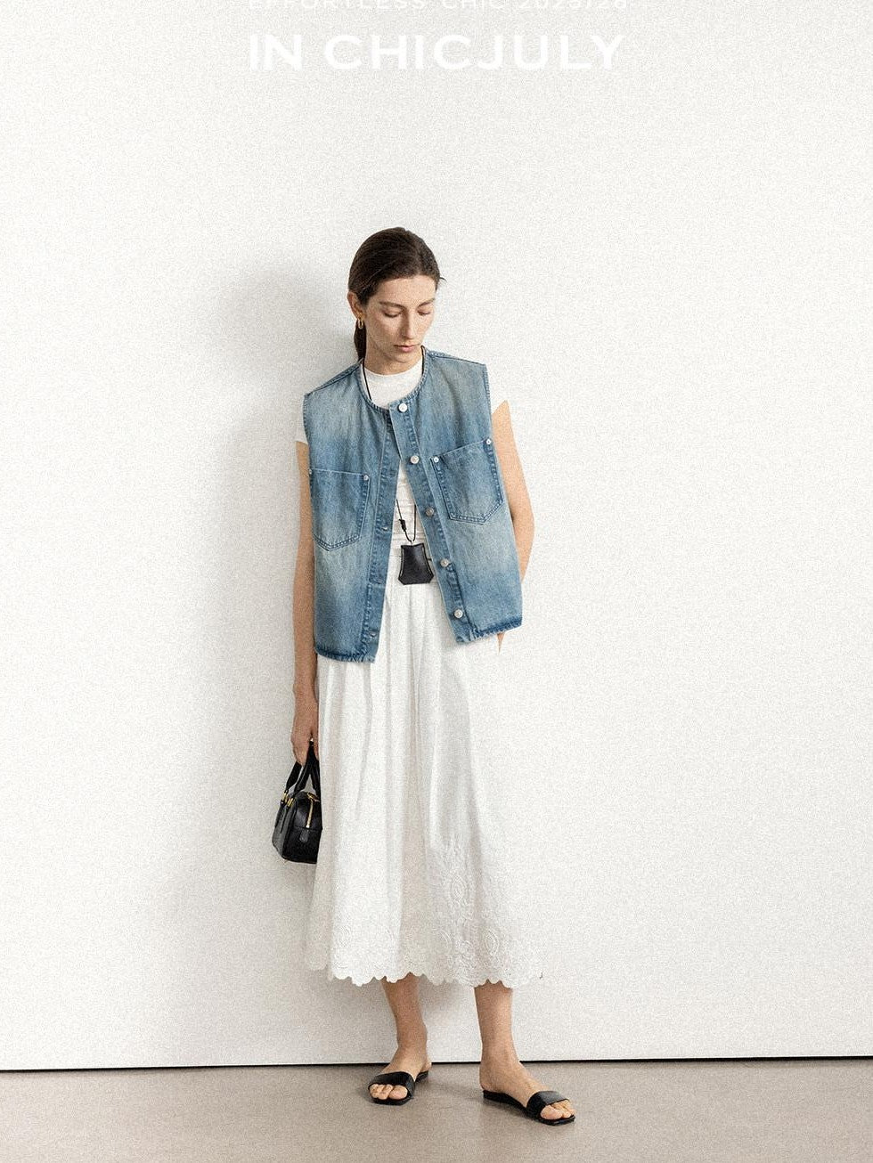 chicjuly Vtg Washed Blue Sculptural Silhouette Round Neck Women's Cotton Denim Vests