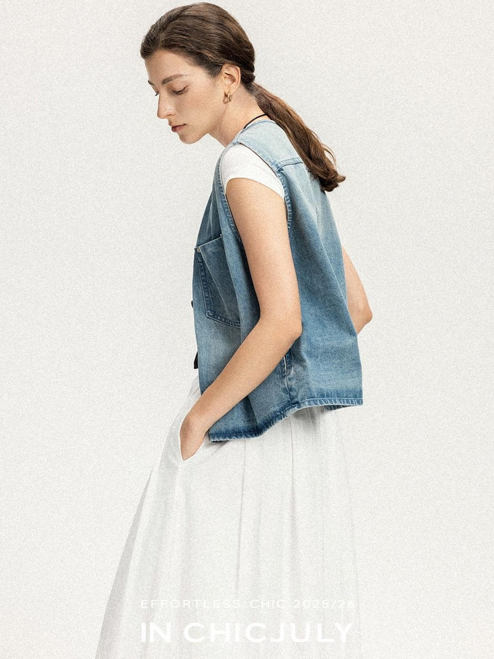 chicjuly Vtg Washed Blue Sculptural Silhouette Round Neck Women's Cotton Denim Vests