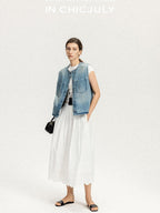 chicjuly Vtg Washed Blue Sculptural Silhouette Round Neck Women's Cotton Denim Vests