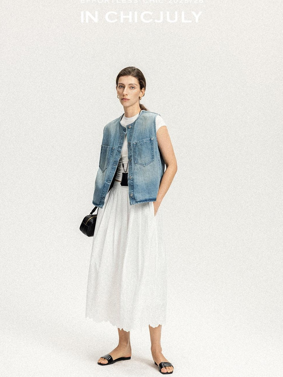 chicjuly Vtg Washed Blue Sculptural Silhouette Round Neck Women's Cotton Denim Vests