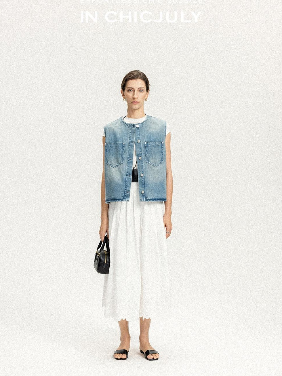 chicjuly Vtg Washed Blue Sculptural Silhouette Round Neck Women's Cotton Denim Vests