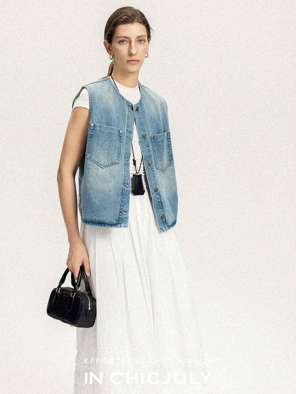 chicjuly Vtg Washed Blue Sculptural Silhouette Round Neck Women's Cotton Denim Vests