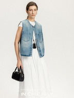 chicjuly Vtg Washed Blue Sculptural Silhouette Round Neck Women's Cotton Denim Vests