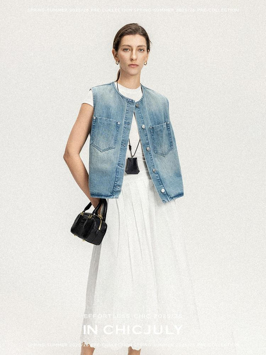 chicjuly Vtg Washed Blue Sculptural Silhouette Round Neck Women's Cotton Denim Vests