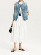 chicjuly Vtg Washed Blue Sculptural Silhouette Round Neck Women's Cotton Denim Vests