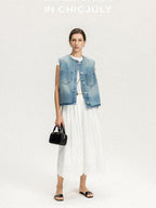 chicjuly Vtg Washed Blue Sculptural Silhouette Round Neck Women's Cotton Denim Vests