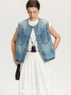 chicjuly Vtg Washed Blue Sculptural Silhouette Round Neck Women's Cotton Denim Vests