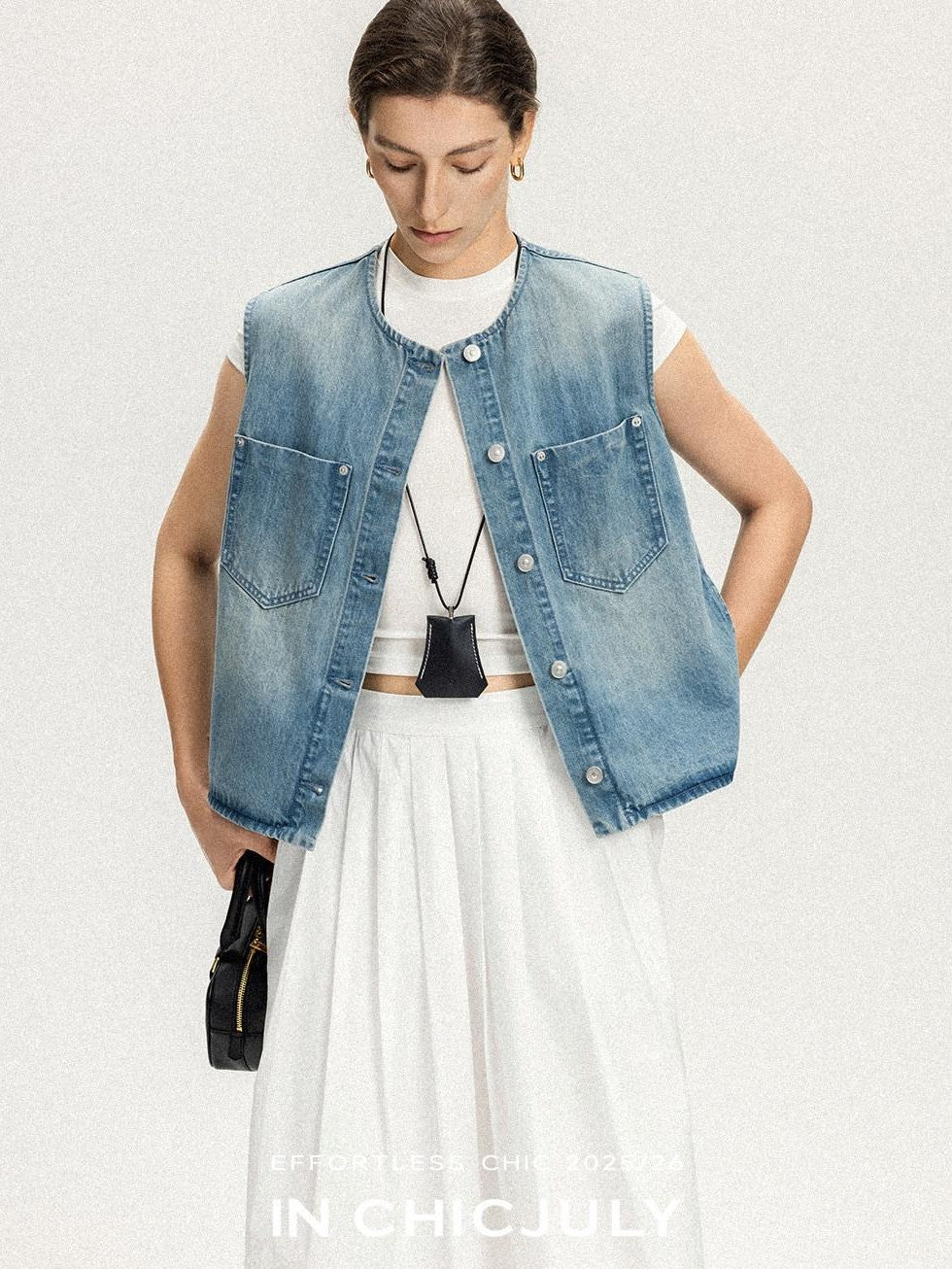 chicjuly Vtg Washed Blue Sculptural Silhouette Round Neck Women's Cotton Denim Vests