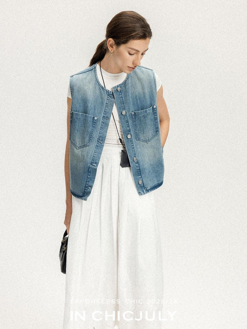 chicjuly Vtg Washed Blue Sculptural Silhouette Round Neck Women's Cotton Denim Vests