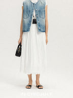 chicjuly Vtg Washed Blue Sculptural Silhouette Round Neck Women's Cotton Denim Vests