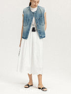 chicjuly Vtg Washed Blue Sculptural Silhouette Round Neck Women's Cotton Denim Vests