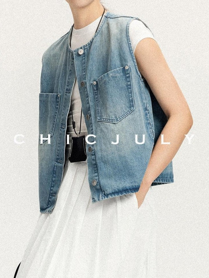 chicjuly Vtg Washed Blue Sculptural Silhouette Round Neck Women's Cotton Denim Vests