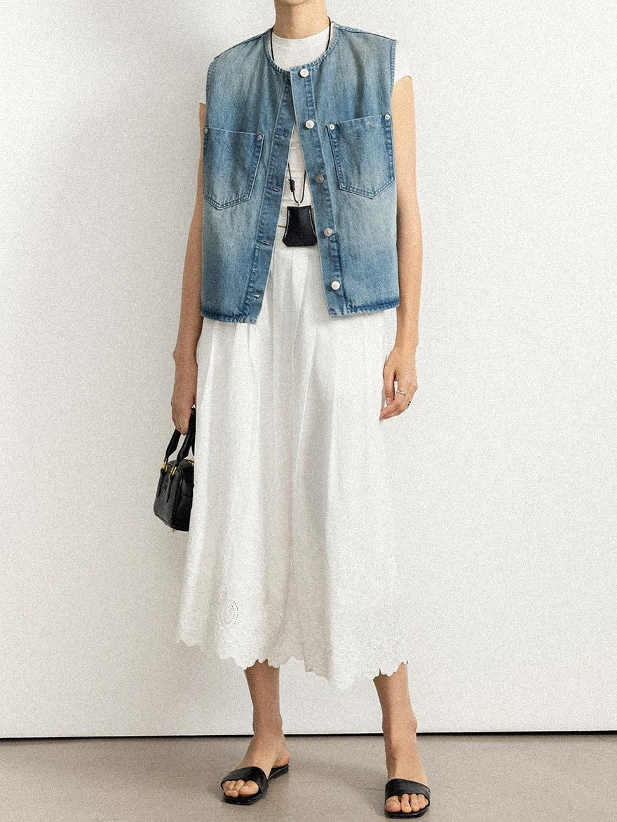 chicjuly Vtg Washed Blue Sculptural Silhouette Round Neck Women's Cotton Denim Vests