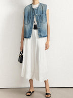 chicjuly Vtg Washed Blue Sculptural Silhouette Round Neck Women's Cotton Denim Vests