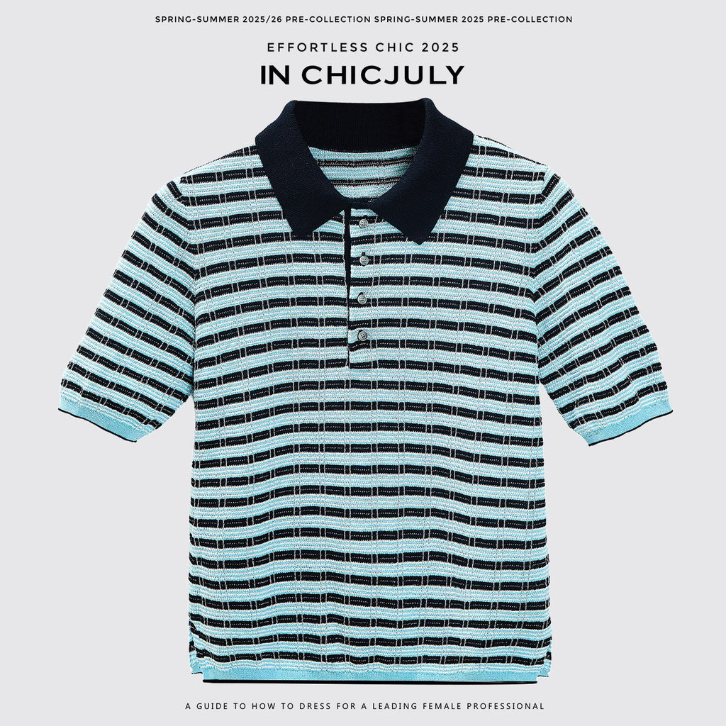 chicjuly Wadi Blue Unique Knit Striped Polo Women's Combed Cotton Short Sleeve T-shirts 935682095082
