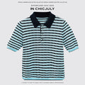 chicjuly Wadi Blue Unique Knit Striped Polo Women's Combed Cotton Short Sleeve T-shirts 935682095082