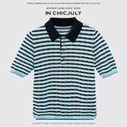 chicjuly Wadi Blue Unique Knit Striped Polo Women's Combed Cotton Short Sleeve T-shirts 935682095082