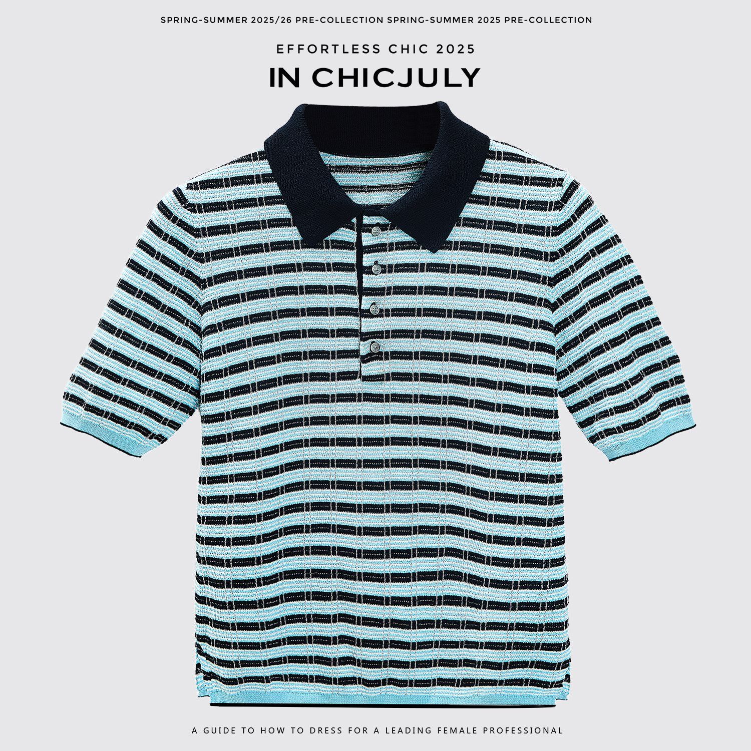 chicjuly Wadi Blue Unique Knit Striped Polo Women's Combed Cotton Short Sleeve T-shirts 935682095082