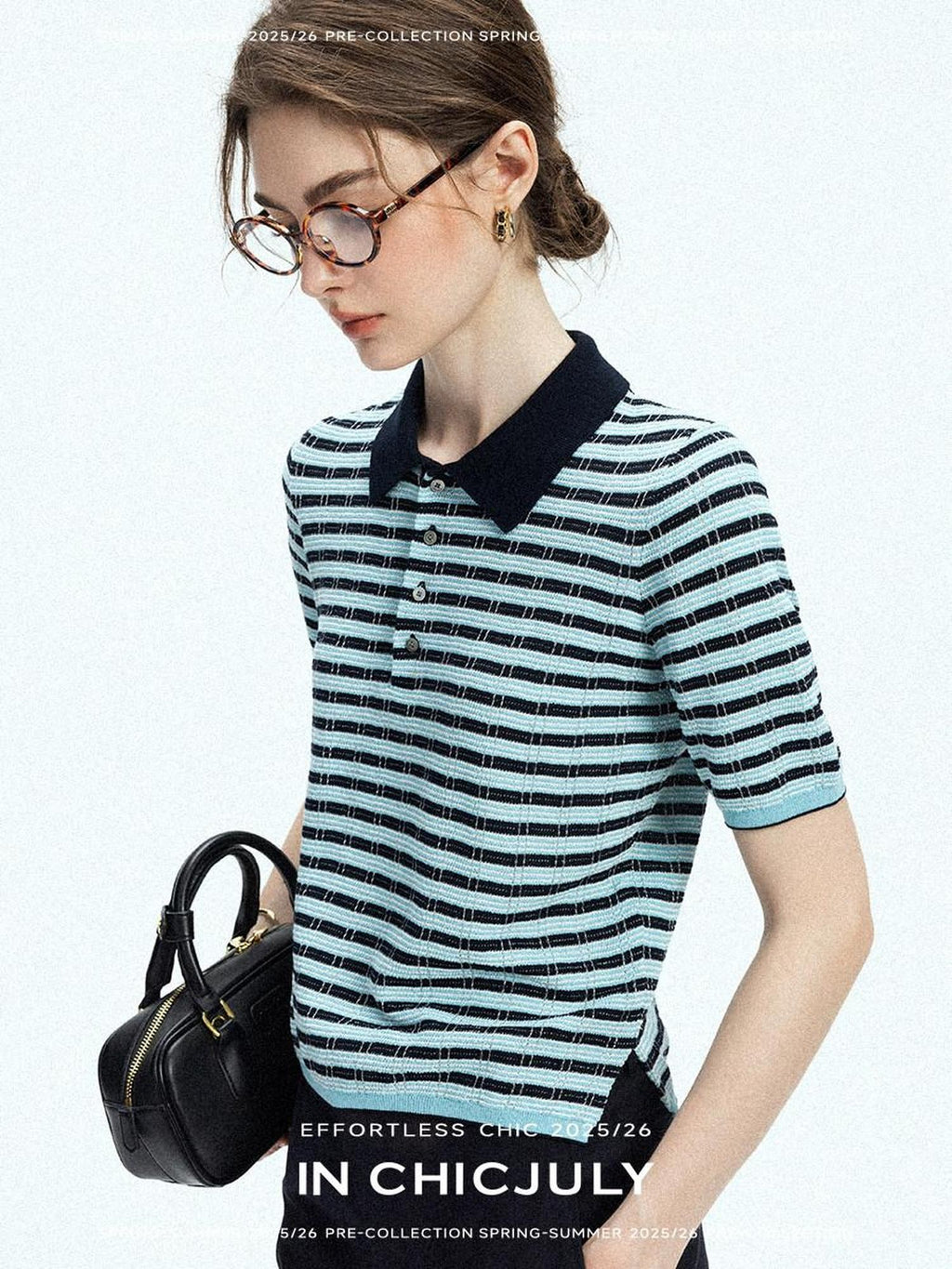 chicjuly Wadi Blue Unique Knit Striped Polo Women's Combed Cotton Short Sleeve T-shirts