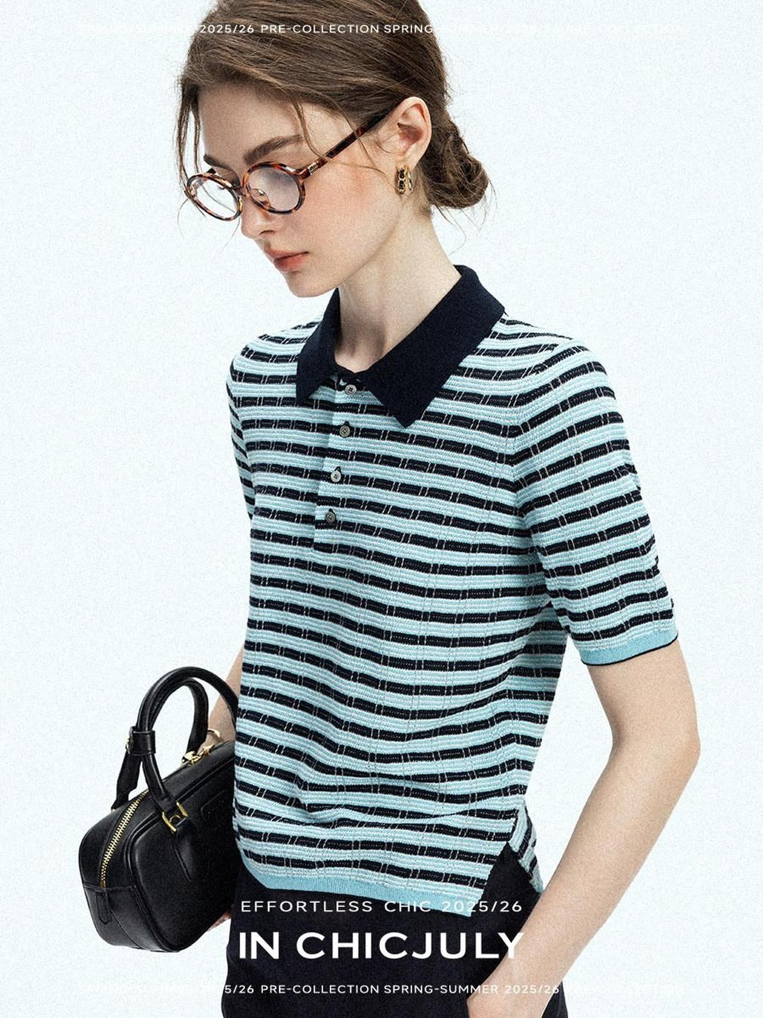 chicjuly Wadi Blue Unique Knit Striped Polo Women's Combed Cotton Short Sleeve T-shirts