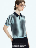 chicjuly Wadi Blue Unique Knit Striped Polo Women's Combed Cotton Short Sleeve T-shirts