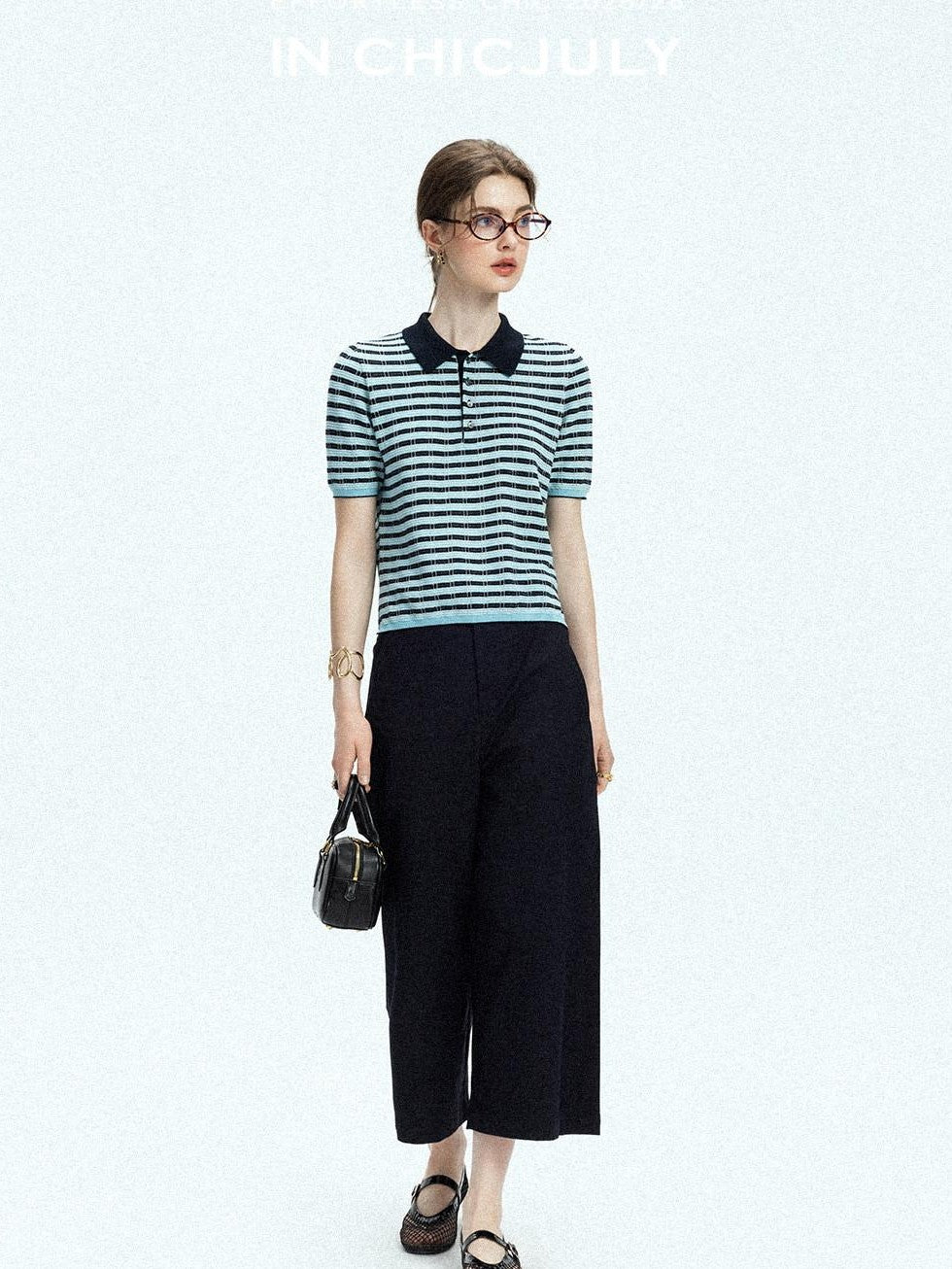 chicjuly Wadi Blue Unique Knit Striped Polo Women's Combed Cotton Short Sleeve T-shirts