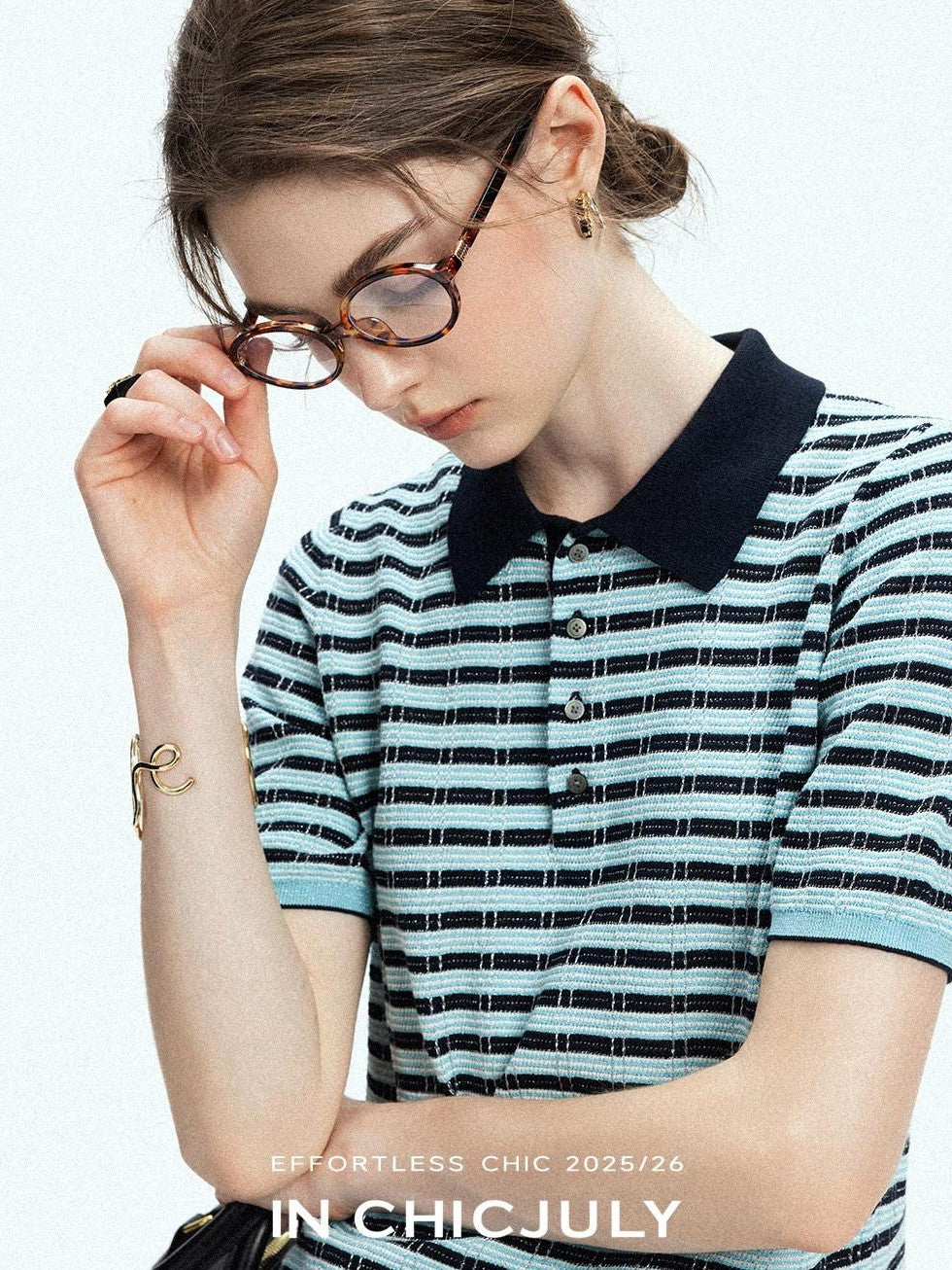 chicjuly Wadi Blue Unique Knit Striped Polo Women's Combed Cotton Short Sleeve T-shirts