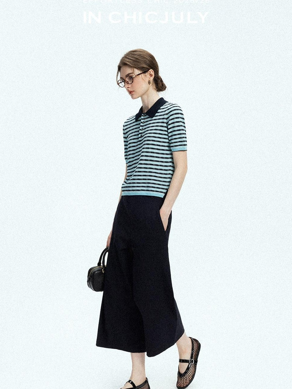 chicjuly Wadi Blue Unique Knit Striped Polo Women's Combed Cotton Short Sleeve T-shirts