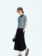 chicjuly Wadi Blue Unique Knit Striped Polo Women's Combed Cotton Short Sleeve T-shirts