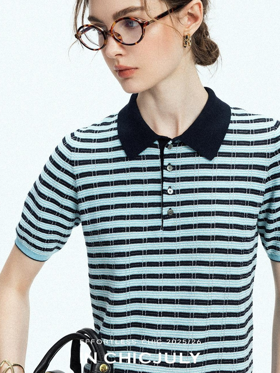 chicjuly Wadi Blue Unique Knit Striped Polo Women's Combed Cotton Short Sleeve T-shirts