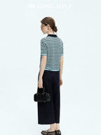 chicjuly Wadi Blue Unique Knit Striped Polo Women's Combed Cotton Short Sleeve T-shirts