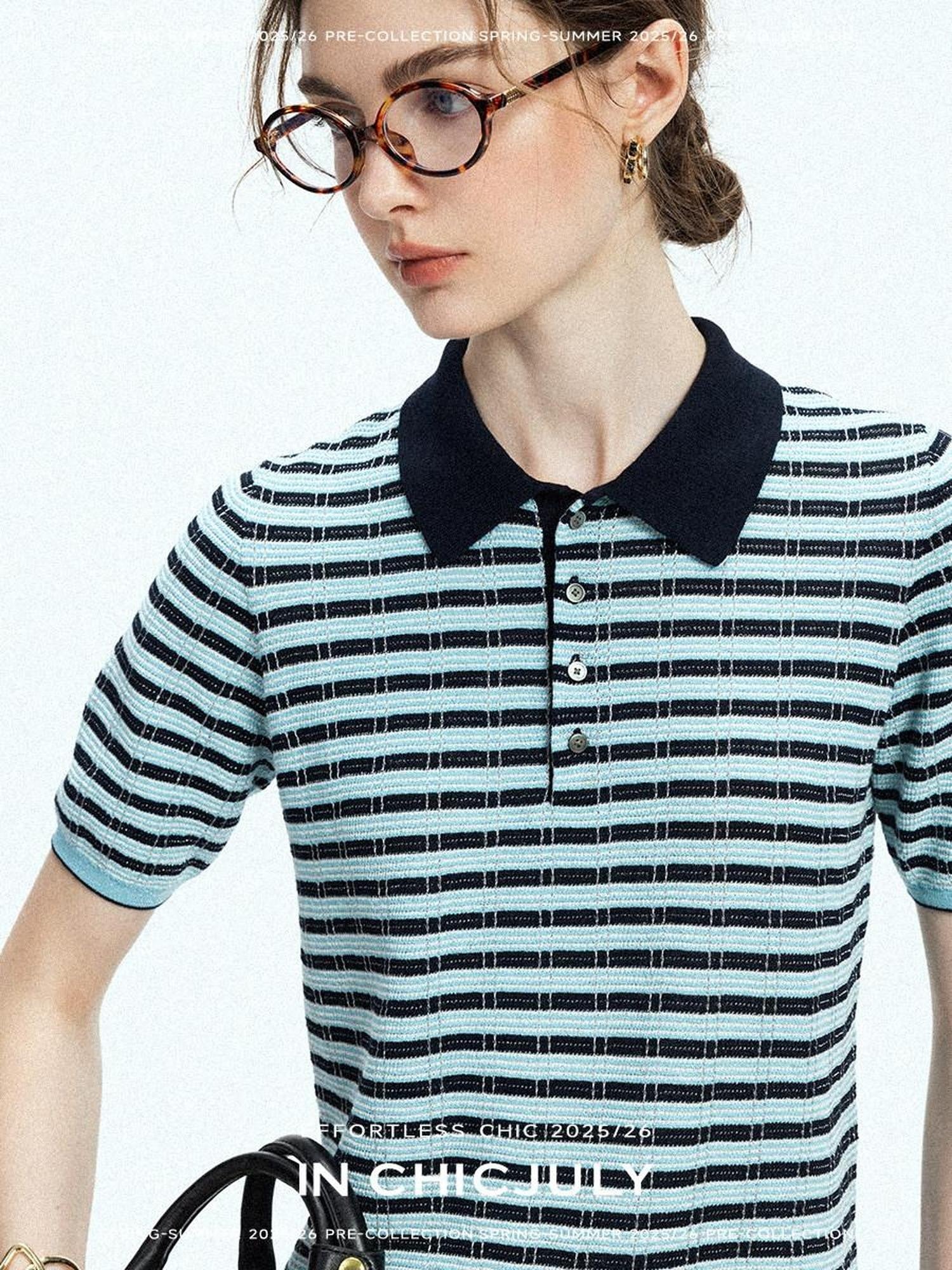 chicjuly Wadi Blue Unique Knit Striped Polo Women's Combed Cotton Short Sleeve T-shirts