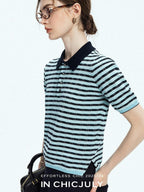 chicjuly Wadi Blue Unique Knit Striped Polo Women's Combed Cotton Short Sleeve T-shirts