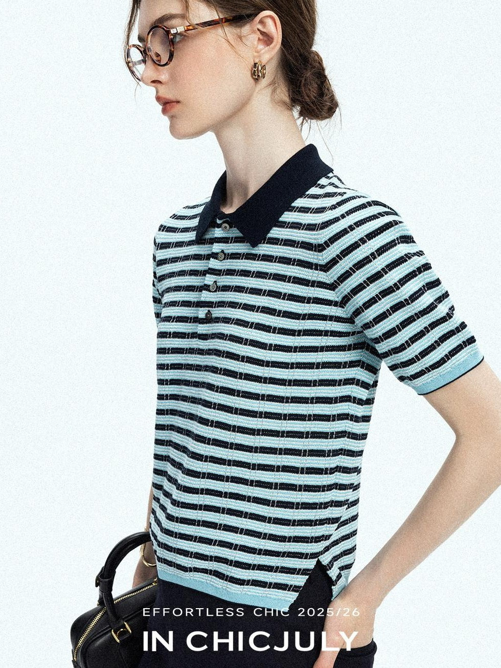 chicjuly Wadi Blue Unique Knit Striped Polo Women's Combed Cotton Short Sleeve T-shirts