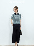 chicjuly Wadi Blue Unique Knit Striped Polo Women's Combed Cotton Short Sleeve T-shirts