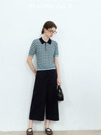 chicjuly Wadi Blue Unique Knit Striped Polo Women's Combed Cotton Short Sleeve T-shirts