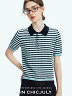 chicjuly Wadi Blue Unique Knit Striped Polo Women's Combed Cotton Short Sleeve T-shirts