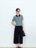 chicjuly Wadi Blue Unique Knit Striped Polo Women's Combed Cotton Short Sleeve T-shirts