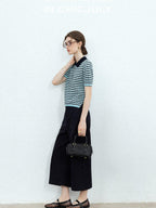 chicjuly Wadi Blue Unique Knit Striped Polo Women's Combed Cotton Short Sleeve T-shirts