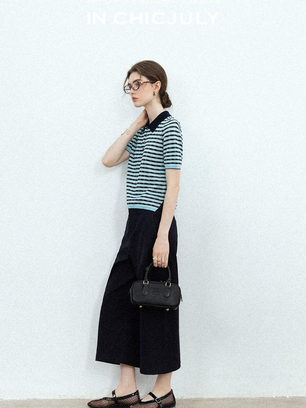 chicjuly Wadi Blue Unique Knit Striped Polo Women's Combed Cotton Short Sleeve T-shirts