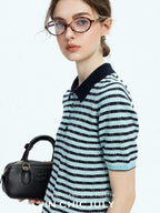 chicjuly Wadi Blue Unique Knit Striped Polo Women's Combed Cotton Short Sleeve T-shirts