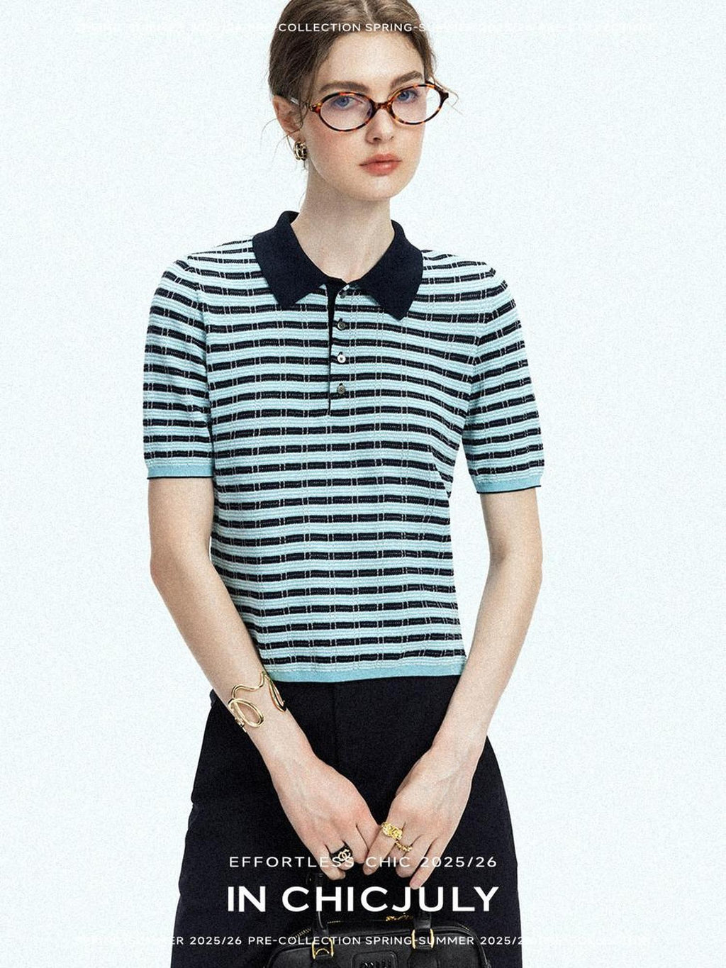 chicjuly Wadi Blue Unique Knit Striped Polo Women's Combed Cotton Short Sleeve T-shirts