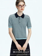 chicjuly Wadi Blue Unique Knit Striped Polo Women's Combed Cotton Short Sleeve T-shirts