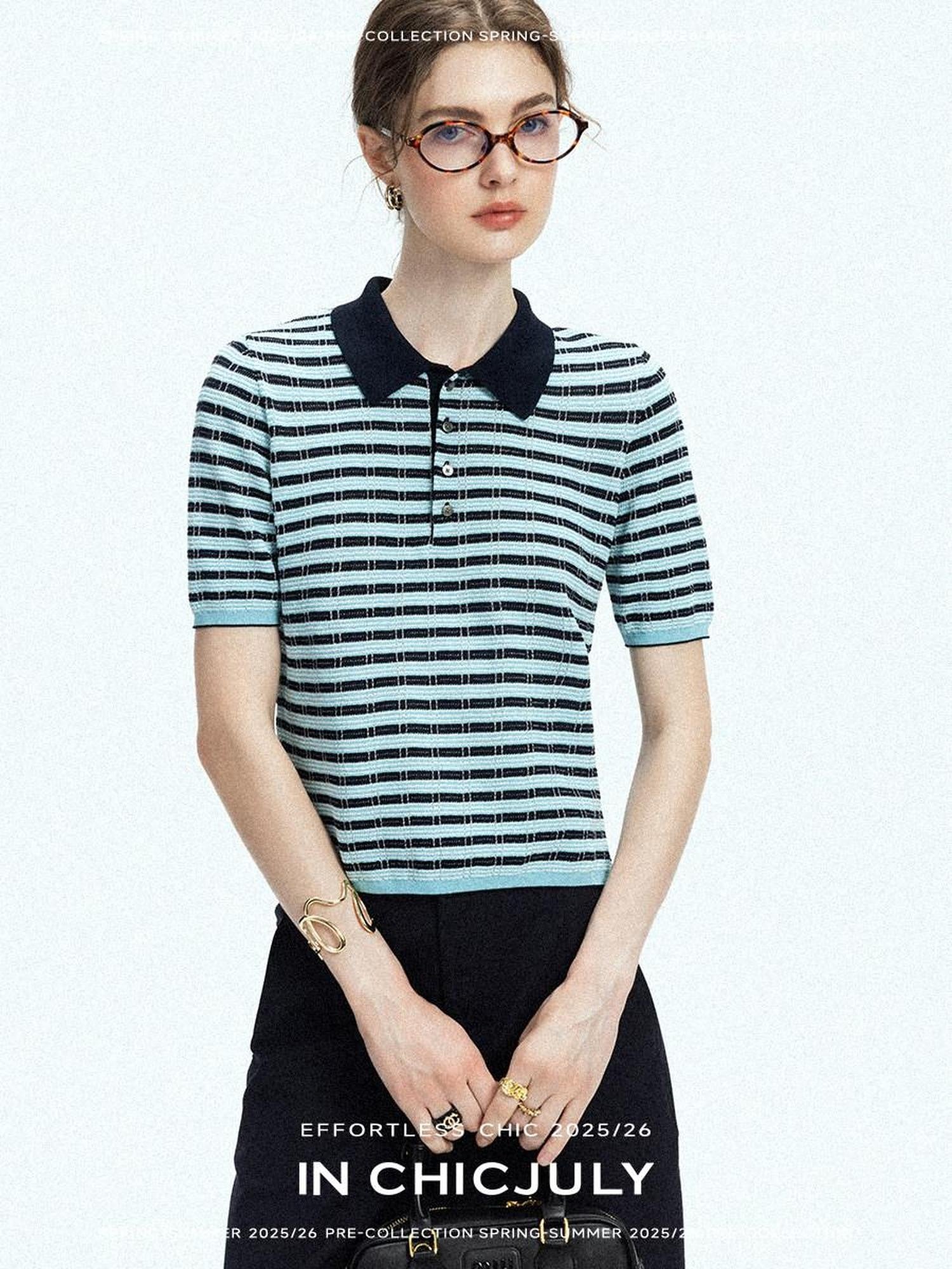 chicjuly Wadi Blue Unique Knit Striped Polo Women's Combed Cotton Short Sleeve T-shirts