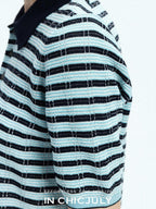 chicjuly Wadi Blue Unique Knit Striped Polo Women's Combed Cotton Short Sleeve T-shirts