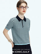 chicjuly Wadi Blue Unique Knit Striped Polo Women's Combed Cotton Short Sleeve T-shirts