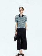 chicjuly Wadi Blue Unique Knit Striped Polo Women's Combed Cotton Short Sleeve T-shirts